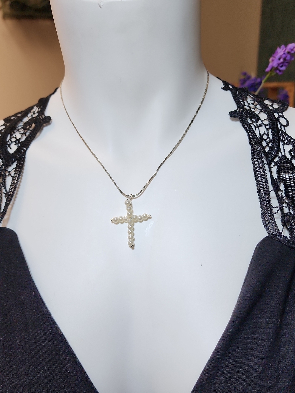 Silver Toned Necklace With Hand Crafted White Faux Pearl Cross Pendant